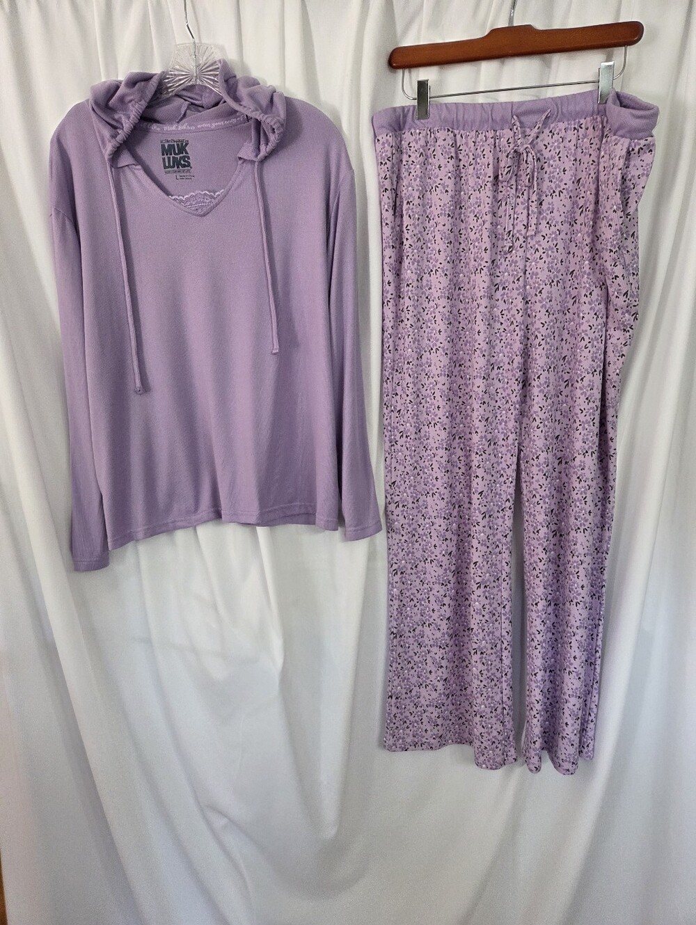 MUK LUKS Fall Lavender Hooded Pajama Top with Floral Wide-Leg Pants Size L